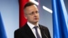 UKRAINE – Hungary's foreign minister Peter Szijjarto speaks during a press conference with his Ukrainian counterpart Dmytro Kuleba and head of Ukrainian Presidental Office Andriy Yermak. Transcarpathia, January 29, 2024